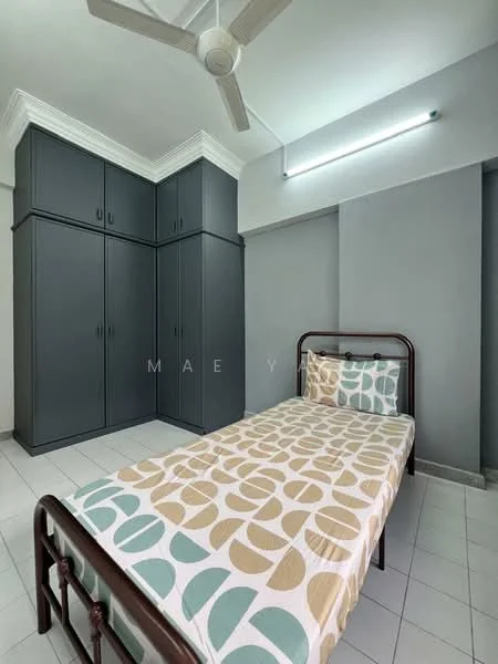 Bedroom features: single bed, bedding with geometric pattern, built-in wardrobe with grey finish, white tiled flooring, white painted walls, crown moulding, ceiling fan, LED strip lighting, window with natural light; style: modern.