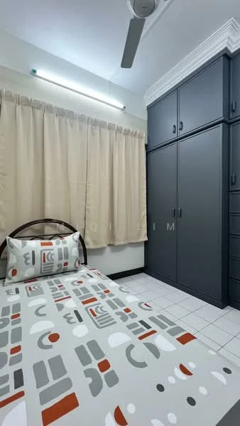 Bedroom features: single bed with patterned bedding, grey built-in wardrobe, cream curtains, white tiled flooring, ceiling fan, wall-mounted LED light, decorative pillow with geometric pattern; style: modern.