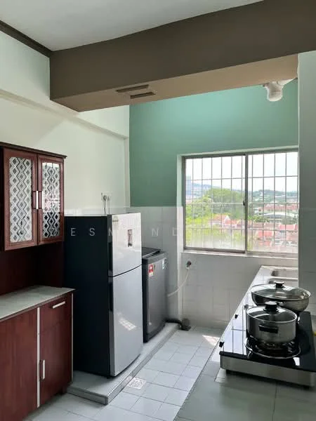 Kitchen features: white tiled flooring, green painted walls, wood cabinetry with glass inserts, stainless-steel fridge, stainless-steel gas stove, stainless-steel pot, kitchen sink, window with metal grille, countertop, exhaust hood; style: modern; view: city.