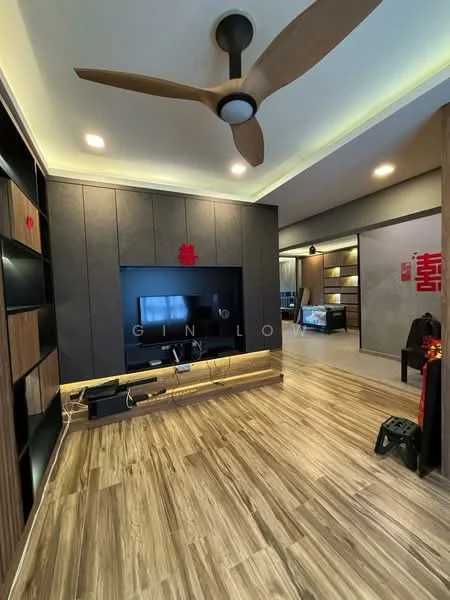 Living features: wooden flooring, 5-blade ceiling fan, wall-mounted TV, dark wood feature wall, lighted shelving unit, decorative wall art, recessed lighting, open layout, neutral wall color, decorative elements on shelves; style: modern.