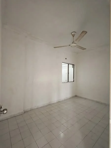 Room features: white painted walls, ceiling fan, tile flooring, single window, neutral color scheme.