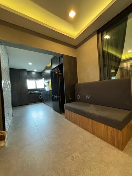 Kitchen features: grey tiled flooring, dark cabinetry, black refrigerator, white backsplash, window with natural light, recessed ceiling lights, wooden bench seating, open layout to living area; style: modern.