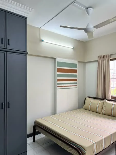 Bedroom features: queen-size bed with striped bedding, built-in wardrobe with grey doors, white painted walls, striped accent wall with green and brown, window with beige curtains, ceiling fan, tile flooring, LED strip lighting; style: modern.