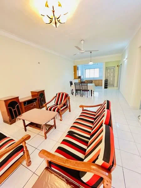 Living features: striped fabric sofa with wooden frame, wooden coffee table, wooden TV console, ceiling fan, recessed lighting, white painted walls, glossy white tile flooring, large window with natural light; style: modern. Dining features: dining table with four chairs, white walls, glossy white tile flooring, natural light from window; style: modern.