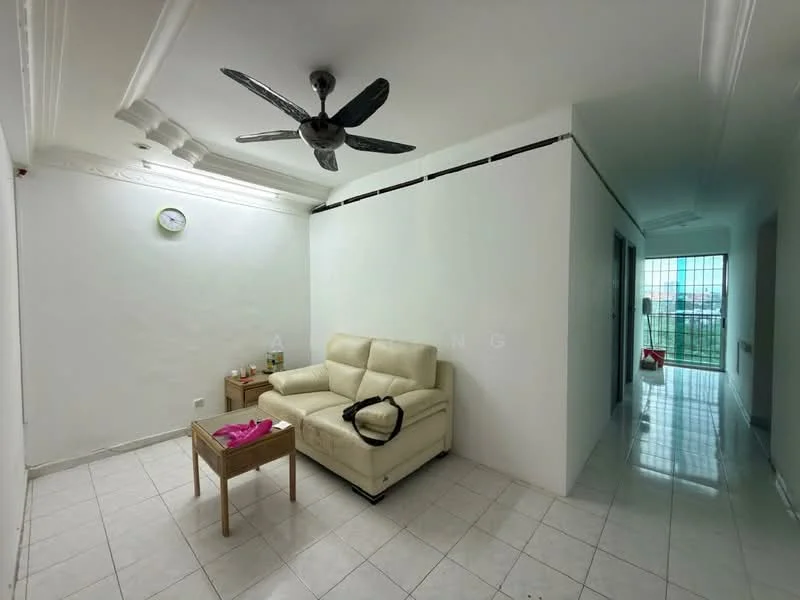 Living features: white painted walls, ceramic tile flooring, 5-blade ceiling fan with light, sofa in cream color, wooden coffee table, wall clock, crown moulding, floor-to-ceiling windows with city view; style: modern; view: city.