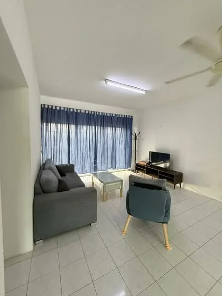 Living features: grey fabric sofa, glass coffee table, wooden TV console, wall-mounted TV, floor-to-ceiling windows with blue curtains, white painted walls, tile flooring, ceiling fan with light; style: modern.