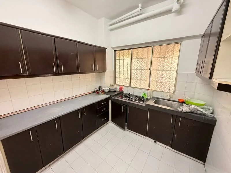 Kitchen features: dark wood cabinetry, grey laminate countertop, single-bowl stainless-steel sink, chrome pull-down faucet, 4-burner gas hob, built-in oven, white tiled backsplash, white tiled flooring, window with frosted glass, kitchen utensils on countertop, green bowl, various pots and pans; style: modern.