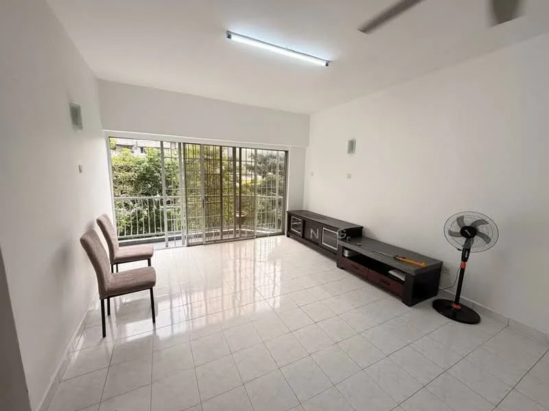 Living features: white painted walls, glossy white tile flooring, ceiling fan, large sliding glass door, balcony access, two upholstered chairs, TV console, wooden storage cabinet, natural light from balcony, view of greenery; style: modern; view: garden.