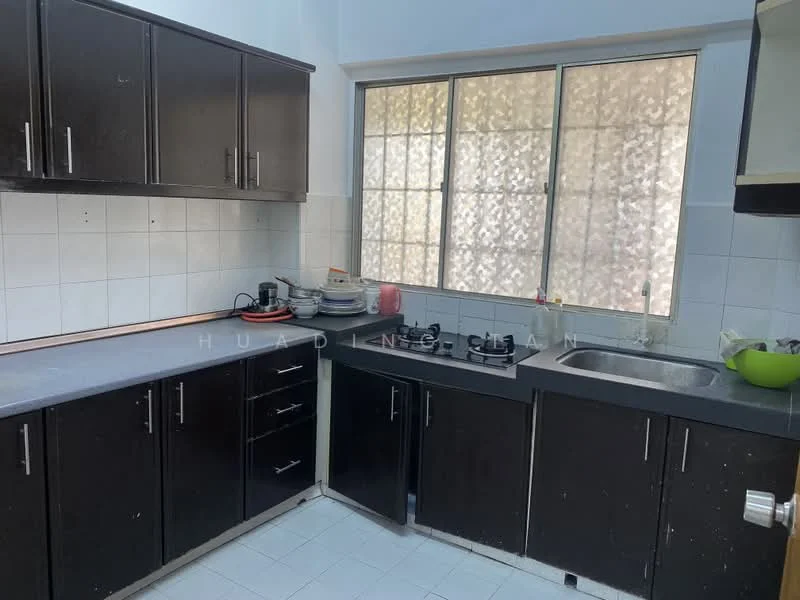 Kitchen features: black cabinetry, grey countertop, stainless-steel sink, single-bowl sink, chrome faucet, built-in gas hob with 2 burners, white tiled walls, white tiled flooring, window with frosted glass, open shelving, stacked plates and utensils on countertop; style: modern.