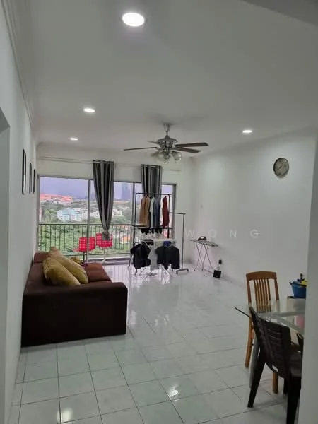 Living features: white painted walls, glossy white tile flooring, 5-blade ceiling fan with light, sofa in brown fabric, decorative cushions in yellow, floor-to-ceiling windows, curtains in grey, wall clock, clothes rack, dining table with wooden chairs, small table with blue container; style: modern; view: city.