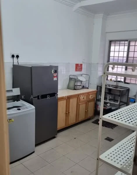 Kitchen features: grey fridge, top-load washing machine, wood cabinetry, white tiled backsplash, white walls, tile flooring, window with grid pattern, open shelving unit, sink, countertop.