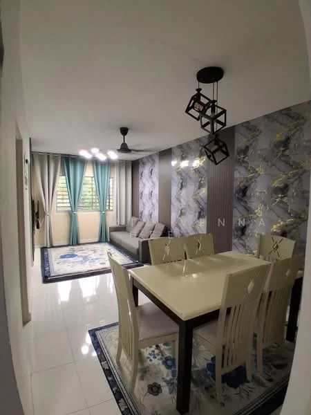 Dining features: 6-seater dining table, white dining chairs, decorative area rug with floral pattern, pendant light fixture, recessed ceiling lights, white tiled flooring, wall-mounted artwork, wall with marble pattern, green curtains, sofa in grey fabric, floor-to-ceiling windows; style: modern.