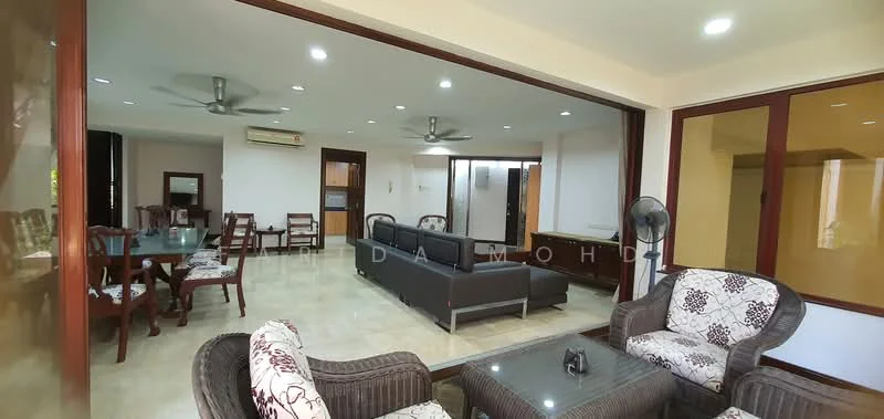 Living features: 3-seater fabric sofa in grey, 2-seater fabric sofa in grey, coffee table, ceiling fan with light, wall-mounted TV, area rug, tile flooring, white painted walls, recessed downlights, large windows, open layout to dining area; style: modern; view: garden. Dining features: 6-seater dining table, wooden dining chairs, white painted walls, ceiling fan with light, tile flooring, open layout to living area; style: modern; view: garden.