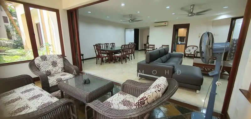 Living features: 3-seater fabric sofa in grey, 2-seater rattan sofa with floral cushions, glass coffee table, ceiling fan, recessed LED downlights, marble flooring, large windows with garden view, dining area visible in background, wooden dining table with chairs; style: modern; view: garden.