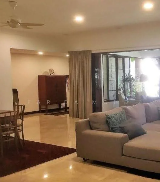 Living features: 3-seater fabric sofa in light grey, decorative cushions, coffee table, area rug with geometric pattern, ceiling fan, recessed downlights, wall-mounted artwork, large windows with sheer curtains, marble flooring, open layout to adjacent room; style: modern. Dining features: wooden dining table, 4 dining chairs, sideboard cabinet, decorative items on cabinet, marble flooring; style: modern.