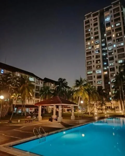 Exterior type: high-rise condominium; features: swimming pool with clear blue water, pool deck with loungers, landscaped garden with palm trees, gazebo with tiled roof, multiple-storey building, night lighting, surrounding greenery, paved walkway; style: modern.