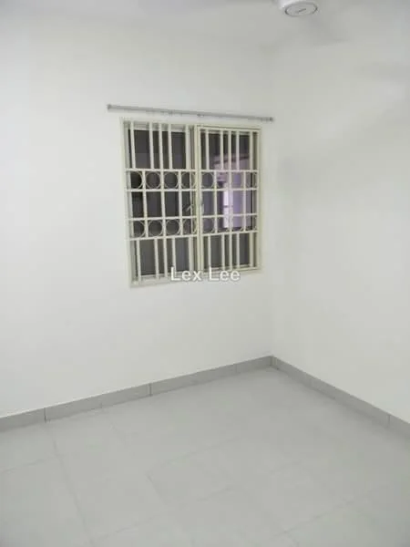 Room features: white painted walls, grey tiled flooring, window with security bars, ceiling light fixture.