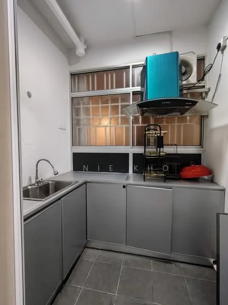 Kitchen features: double-bowl stainless-steel sink, chrome pull-down faucet, grey cabinetry, metal countertop, built-in range hood, wall-mounted air conditioning unit, window with grid pattern, grey tile flooring, open shelving, red cooking pot, black kitchen appliance; style: modern.
