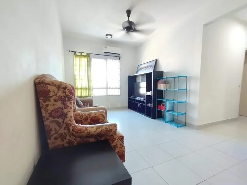 Living features: 2 armchairs with floral upholstery, black wooden console table, open shelving unit in blue, white walls, ceiling fan, large window with sheer curtains, tile flooring, air conditioning unit; style: modern.