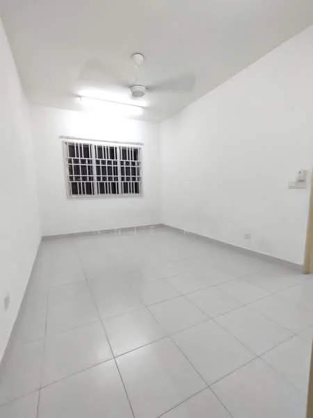 Room features: white painted walls, ceiling fan, tile flooring, window with grilles, light fixture on ceiling, neutral color scheme; style: minimalist.