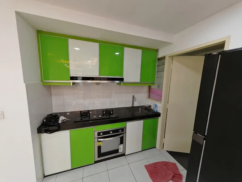 Kitchen features: green and white cabinetry, stainless-steel built-in oven, 4-burner gas hob, black refrigerator, white tiled backsplash, grey countertop, white walls, tile flooring, kitchen sink, exhaust hood; style: modern.