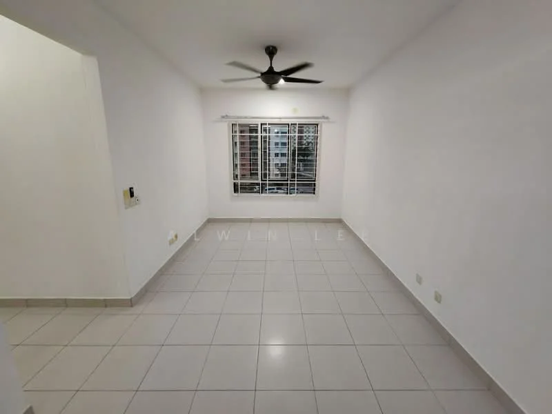 Living features: white painted walls, tile flooring, ceiling fan, window with grille, natural light from window, neutral color scheme, no visible furniture, single light switch, power outlet, baseboard, window treatments not visible; style: modern; view: city.