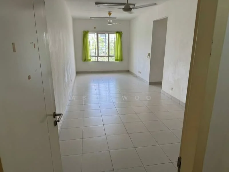 Living features: white painted walls, tiled flooring, 5-blade ceiling fan, large window with green curtains, natural light, neutral color scheme.