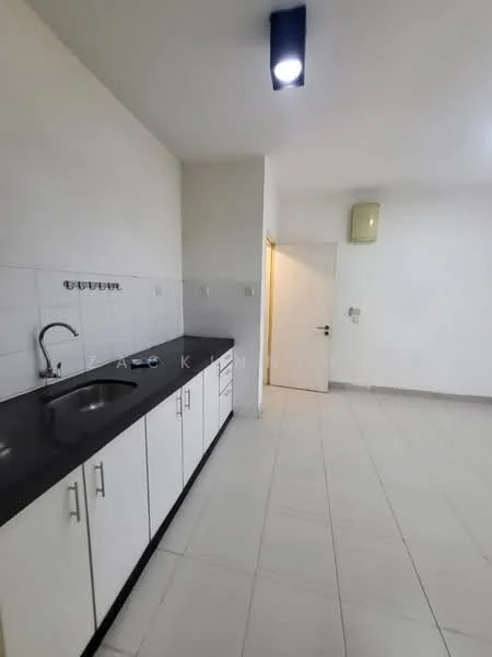 Kitchen features: black countertop, white cabinetry, single-bowl stainless-steel sink, chrome pull-down faucet, wall-mounted light fixture, tile flooring, white tiled backsplash, door leading to another room; style: modern.