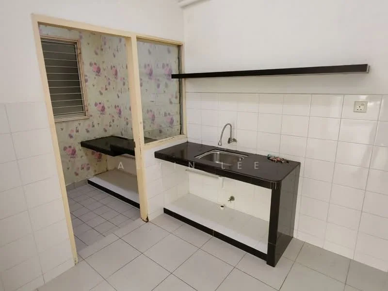 Kitchen features: black granite countertop, single-bowl stainless-steel sink, chrome pull-down faucet, white cabinetry, white tiled backsplash, white tiled walls, white floor tiles, open shelving above countertop; style: modern. Laundry features: white tiled walls, floral wallpaper, white floor tiles.