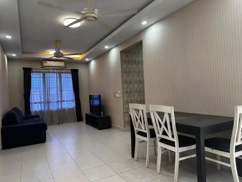 Living features: 3-blade ceiling fan with light, recessed LED downlights, cream painted walls, white tiled flooring, sofa in navy blue fabric, TV console in black, wall-mounted TV, dining table with 4 white chairs, floor-to-ceiling windows with sheer curtains, curtains in dark blue, air conditioning unit on wall; style: modern; view: city.