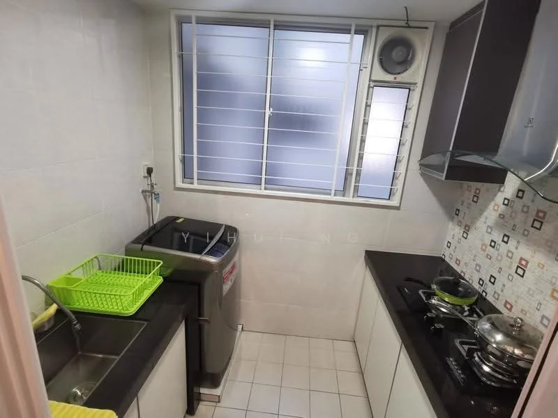 Kitchen features: single-bowl stainless-steel sink, chrome pull-down faucet, black countertop, white tiled backsplash with geometric pattern, built-in washing machine, stainless-steel cooking pot, stainless-steel gas stove, white tiled flooring, window with horizontal slats, green dish rack; style: modern.