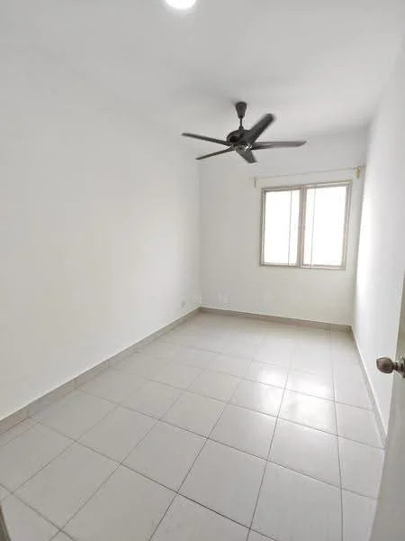 Room features: white painted walls, tile flooring, ceiling fan, two windows, neutral color scheme, no visible furniture, light fixture, corner room; style: minimalist.