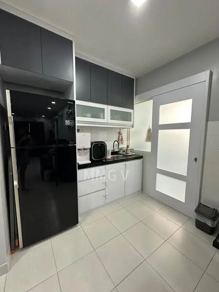 Kitchen features: black stainless-steel fridge, built-in oven, black countertop, white upper cabinets, grey lower cabinets, single-bowl stainless-steel sink, chrome pull-down faucet, tile backsplash, ceramic tile flooring, recessed LED downlights, sliding glass door, kitchen island, open shelving; style: modern.
