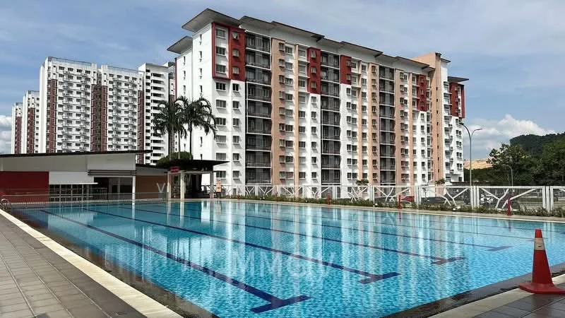 Exterior type: high-rise condominium; features: swimming pool, pool deck with loungers, surrounding landscaping with palm trees, multiple-storey residential building, red and white facade, balconies on upper floors, manicured lawn, city skyline in background; style: modern.