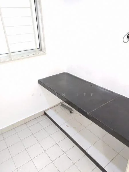 Laundry features: black countertop, white walls, tile flooring, window with horizontal slats, shelf underneath countertop.