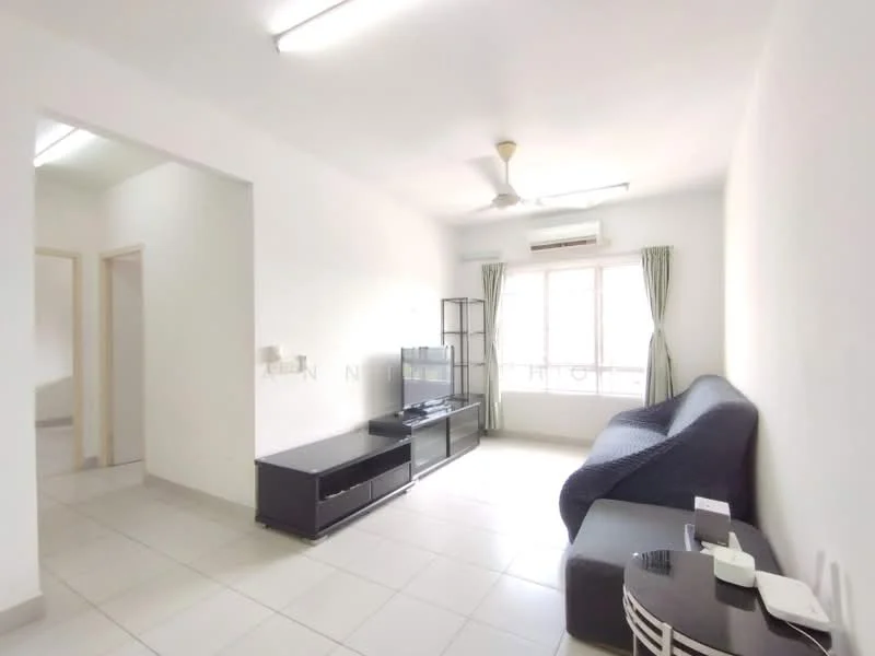 Living features: grey fabric sofa, black TV console, wall-mounted TV, ceiling fan, window with sheer curtains, light-colored walls, tile flooring, air conditioning unit; style: modern. Room features: doorway leading to another room, light-colored walls, tile flooring.