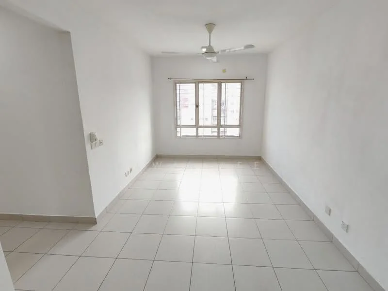 Living features: white painted walls, tile flooring, ceiling fan, large windows with blinds, neutral color scheme, no visible furniture, corner for potential shelving, natural light from windows; style: minimalist.