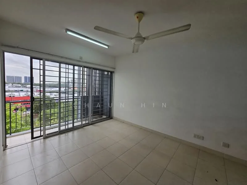 Living features: white painted walls, tiled flooring, 5-blade ceiling fan, floor-to-ceiling windows, sliding glass door, balcony access, natural light, city view; view: city.