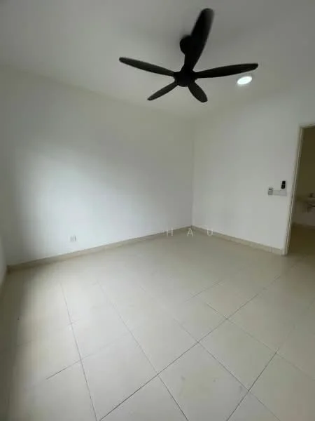 Room features: white painted walls, tile flooring, 5-blade ceiling fan, recessed ceiling light, doorway leading to another room.