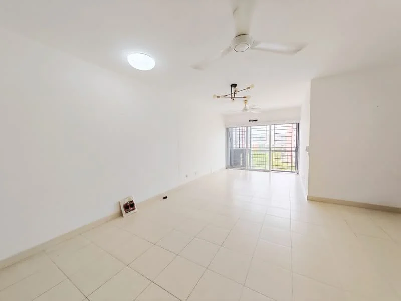 Living features: white painted walls, tile flooring, 5-blade ceiling fan with light, recessed ceiling light, sliding glass door, floor-to-ceiling windows, balcony view, no visible furniture; style: modern; view: garden.
