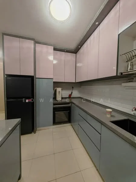 Kitchen features: pink upper cabinets, blue lower cabinets, grey granite countertop, stainless-steel sink, chrome pull-down faucet, built-in oven, black refrigerator, white backsplash, tile flooring, ceiling light fixture; style: modern.