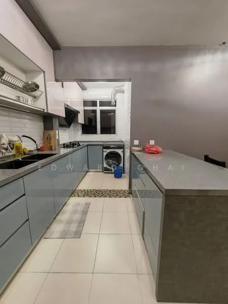 Kitchen features: grey cabinetry, white tiled backsplash, stainless-steel sink, chrome pull-down faucet, built-in gas stove, exhaust hood, countertop with grey surface, washing machine, tile flooring, window for natural light, open shelving, kitchen island with seating area, decorative rug; style: modern.
