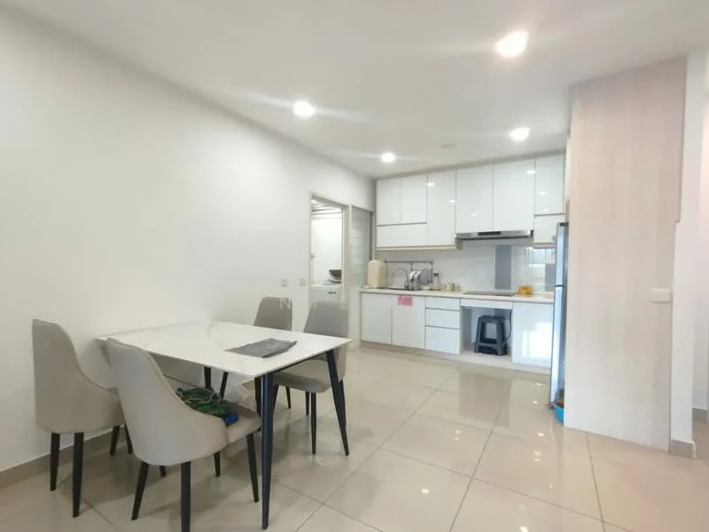Kitchen features: white cabinetry, marble countertop, stainless-steel sink, chrome pull-down faucet, built-in oven, freestanding range oven, microwave, refrigerator, 4-burner gas hob, tile flooring, recessed downlights, dining table with marble top, 4 dining chairs, open layout, neutral wall color; style: modern.