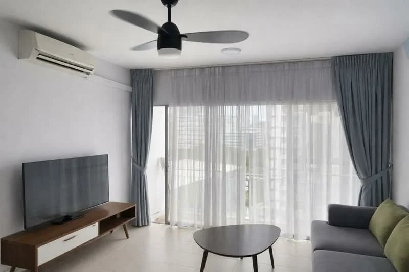 Living features: 5-blade ceiling fan, wall-mounted split AC, floor-to-ceiling windows, sheer curtains, grey fabric sofa, wooden coffee table, TV console, wall-mounted TV, light-colored walls, tile flooring; style: modern; view: city.
