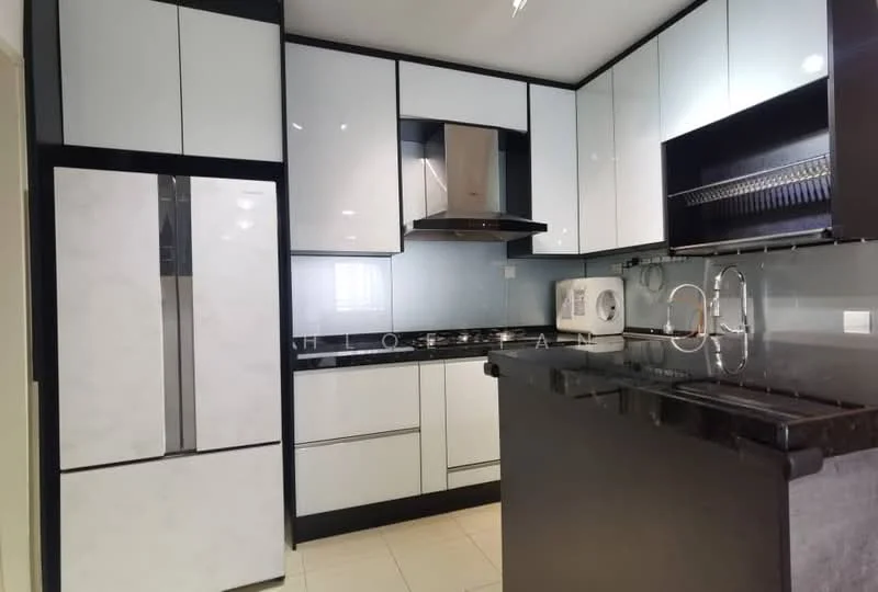 Kitchen features: black granite countertop, white and black cabinetry, stainless-steel range hood, built-in oven, 4-burner gas hob, double-door fridge, microwave, glass backsplash, sink with chrome faucet, open shelving, tile flooring, recessed lighting; style: modern.
