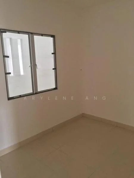 Room features: white painted walls, tile flooring, single window with metal frame, neutral color scheme, empty space.