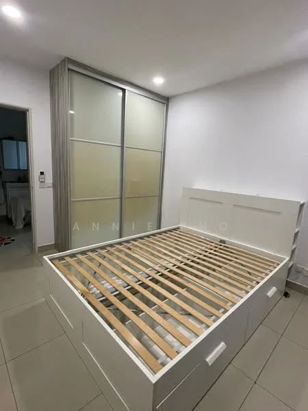 Bedroom features: queen-size bed frame with storage, built-in wardrobe with sliding doors, white painted walls, tile flooring, recessed downlights, neutral color scheme, window with sheer curtains, open space layout; style: modern.
