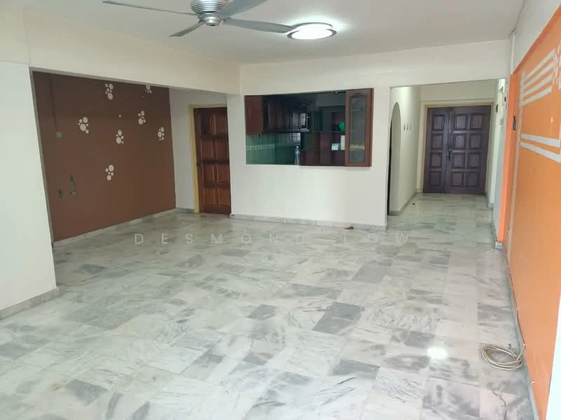 Living features: marble flooring, cream painted walls, accent wall with floral pattern, ceiling fan, recessed lighting, open layout, doorway to adjacent room, doorway to hallway; style: modern. Room features: cream painted walls, wooden door, doorway to hallway.