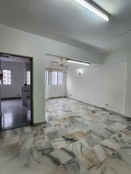 Room features: white painted walls, marble flooring, ceiling lights, window with blinds, open layout, light fixtures, no visible furniture, neutral color scheme; style: modern.