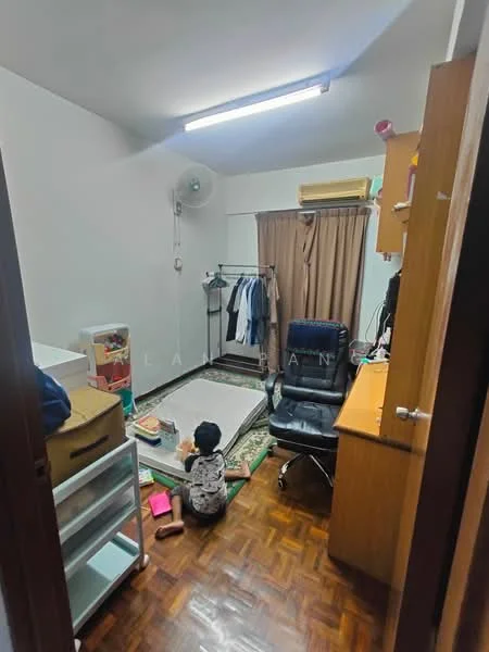 Room features: white painted walls, wooden flooring, ceiling fan, air conditioning unit, curtains, clothes rack, desk chair, study desk, mattress on the floor, area rug, storage cabinet.